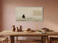 Pigeon Feeder Wide Wall Art — Original Oil, Charcoal & Oxblood — original hand-painted oil shown on the wall in a styled room