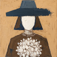 Oil painting of a woman in a wide slate-blue hat with a near-white oval face, holding a cluster of white blooms against a brown bodice, on a golden ochre ground.