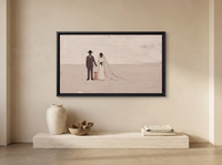 Wedding Couple and Dog Wide Wall Art — Original Palette-Knife Oil, Mauve & Blush — original hand-painted oil shown on the wall in a styled room