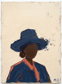 Oil painting of a woman in a navy wide-brim hat with a dark blank face and a coral-red collar, on a cream ground.