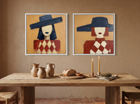 Red-Lipped Woman in a Wide Hat — Set of 2 Original Oils, Navy & Vermilion — original hand-painted oil shown on the wall in a styled room