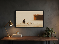 Pigeon Feeder Wide Wall Art — Original Oil, Cream & Rust — original hand-painted oil shown on the wall in a styled room
