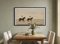 Two Riders Crossing Wide Canvas — Original Palette-Knife Oil, Chocolate & Cream — original hand-painted oil shown on the wall in a styled room