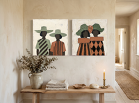 Women in Wide-Brim Hats — Set of 2 Original Oils, Sage & Terracotta — original hand-painted oil shown on the wall in a styled room