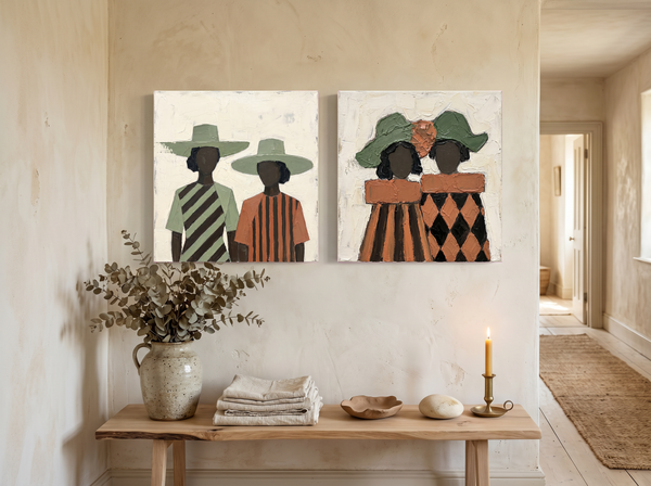Women in Wide-Brim Hats — Set of 2 Original Oils, Sage & Terracotta