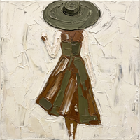 Original oil painting of a woman seen from behind walking away in a wide olive swirled hat and a flared dress striped in olive-green and burnt sienna, on an ivory ground