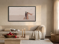 Wedding Couple & Dog Wide Wall Art — Original Palette-Knife Oil, Mauve & Blush — original hand-painted oil shown on the wall in a styled room