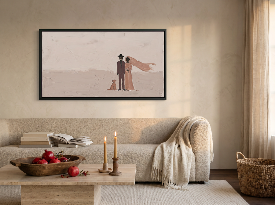 Wedding Couple & Dog Wide Wall Art — Original Palette-Knife Oil, Mauve & Blush
