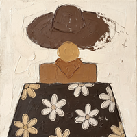Oil painting of a faceless woman in a chocolate-brown floppy hat with a tan oval face, an ochre collar bow and a chocolate-and-cream striped body, on a warm cream ground.