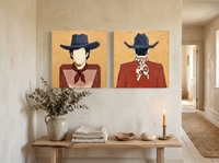 Cowboy Pair, Gingham & Floral — Set of 2 Original Oils, Vermilion & Navy — original hand-painted oil shown on the wall in a styled room