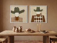 Cowboy, Front and Back — Set of 2 Original Oils, Olive & Sienna — original hand-painted oil shown on the wall in a styled room