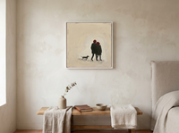 Couple Walking Away Wall Art — Original Palette-Knife Oil, Olive & Oxblood — original hand-painted oil shown on the wall in a styled room