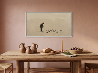 Man Feeding Pigeons Wide Wall Art — Original Oil Landscape, Dark Olive & Slate — original hand-painted oil shown on the wall in a styled room