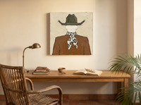 Cowboy from Behind Wall Art — Original Palette-Knife Oil, Olive & Caramel — original hand-painted oil shown on the wall in a styled room