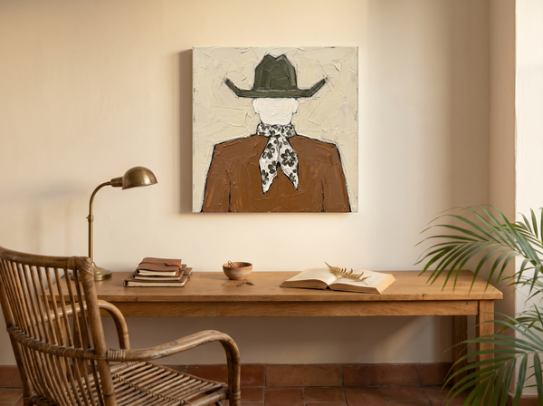 Cowboy from Behind Wall Art — Original Palette-Knife Oil, Olive & Caramel