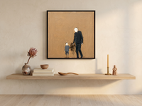 Father & Child Walking Wall Art — Original Palette-Knife Oil, Navy & Ochre — original hand-painted oil shown on the wall in a styled room