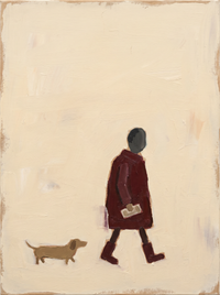 Oil painting of a man in a deep wine coat with a dark head walking to the left with a folded newspaper, a small dachshund trailing behind, on a soft oat-cream ground.