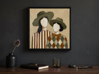 Two Ladies in Olive Hats Wall Art — Original Palette-Knife Oil, Olive & Cream — original hand-painted oil shown on the wall in a styled room