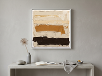 Horizontal Bands Abstract Wall Art — Original Palette-Knife Oil, Ochre & Chocolate — original hand-painted oil shown on the wall in a styled room