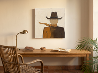 Cowboy from Behind Wall Art — Original Palette-Knife Oil, Espresso & Caramel — original hand-painted oil shown on the wall in a styled room