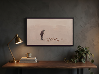 Man Feeding Pigeons Wide Wall Art — Original Oil Landscape, Mauve & Charcoal — original hand-painted oil shown on the wall in a styled room