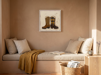 Cowboy Boots Wall Art — Original Palette-Knife Oil, Brown & Tan — original hand-painted oil shown on the wall in a styled room