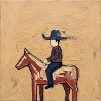 Oil painting of a deep navy horse in profile with a vermilion saddle blanket and cream-streaked mane, on a textured mustard-gold ground.