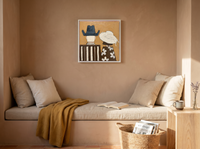 Cowboy & Cowgirl from Behind Wall Art — Original Palette-Knife Oil, Slate Blue & Ochre — original hand-painted oil shown on the wall in a styled room