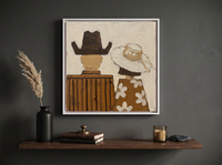 Cowboy & Cowgirl from Behind Wall Art — Original Palette-Knife Oil, Brown & Cream — original hand-painted oil shown on the wall in a styled room