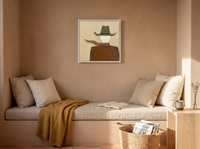 Cowboy from Behind Wall Art — Original Palette-Knife Oil, Olive & Caramel — original hand-painted oil shown on the wall in a styled room