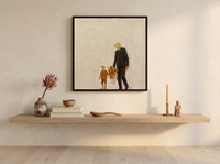 Father & Child Walking Wall Art — Original Palette-Knife Oil, Chocolate & Rust — original hand-painted oil shown on the wall in a styled room