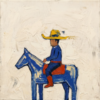 Original oil painting of a cowboy in a yellow hat on a cobalt-blue horse with a rust saddle, on a cream ground