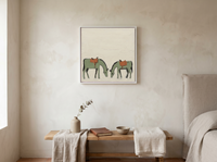 Two Grazing Horses Wall Art — Original Palette-Knife Oil, Sage & Terracotta — original hand-painted oil shown on the wall in a styled room