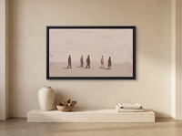 Five Walkers Wide Wall Art — Original Oil Landscape, Mauve & Rose-Brown — original hand-painted oil shown on the wall in a styled room