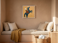 Rider on a Rearing Horse Wall Art — Original Palette-Knife Oil, Slate Blue & Ochre — original hand-painted oil shown on the wall in a styled room