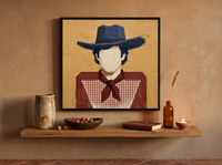 Cowboy in a Checked Shirt Wall Art — Original Palette-Knife Oil, Navy & Red — original hand-painted oil shown on the wall in a styled room