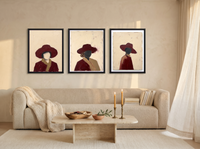 Three Women in Hats Triptych — 3 Original Oils, Wine — original hand-painted oil shown on the wall in a styled room