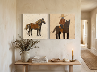 Standing Horse & Mounted Cowboy — Set of 2 Original Oils, Chocolate & Rust — original hand-painted oil shown on the wall in a styled room