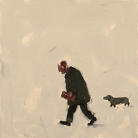 Original oil painting of a man in a near-black coat walking with an oxblood parcel, a dark dachshund behind, on a grey-cream ground