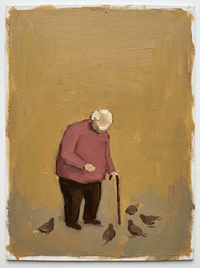 Oil painting of a woman in a clay-rose coat watering a dark potted fern, on a mustard-gold ground.