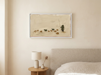 Shepherd and Flock Wide Wall Art — Original Oil Landscape, Olive & Burnt Sienna — original hand-painted oil shown on the wall in a styled room