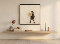 Girl with a Bouquet Wall Art — Original Palette-Knife Oil, Chocolate & Tan — original hand-painted oil shown on the wall in a styled room