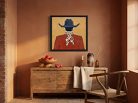 Cowboy from Behind Wall Art — Original Palette-Knife Oil, Navy & Rust — original hand-painted oil shown on the wall in a styled room
