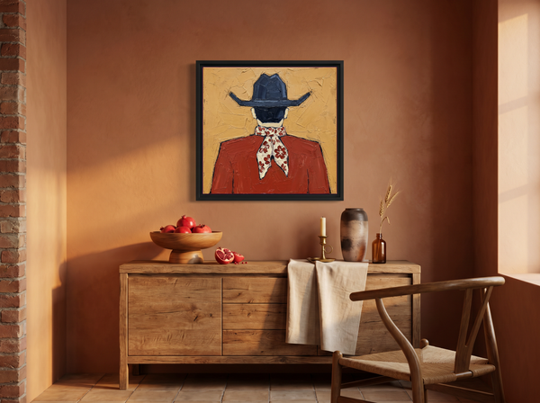 Cowboy from Behind Wall Art — Original Palette-Knife Oil, Navy & Rust