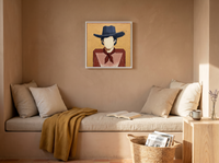 Cowboy in a Checked Shirt Wall Art — Original Palette-Knife Oil, Navy & Red — original hand-painted oil shown on the wall in a styled room