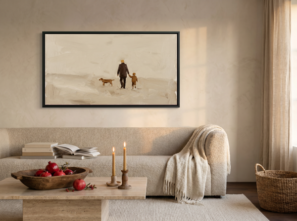Father, Child and Dog Walking Wide Wall Art — Original Oil Landscape, Chocolate & Cream