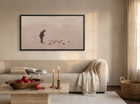 Man Feeding Pigeons Wide Wall Art — Original Oil Landscape, Mauve & Charcoal — original hand-painted oil shown on the wall in a styled room