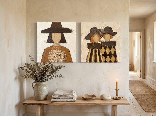 Bouquet Woman & Two Sisters — Set of 2 Original Oils, Chocolate & Gold