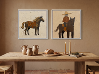 Standing Horse & Mounted Cowboy — Set of 2 Original Oils, Chocolate & Rust — original hand-painted oil shown on the wall in a styled room