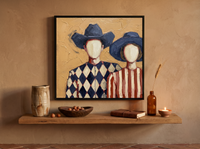 Cowboy & Cowgirl Wall Art — Original Palette-Knife Oil, Navy & Rust — original hand-painted oil shown on the wall in a styled room